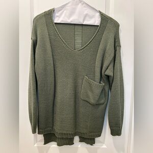 Olive Green Oversized Knit Sweater | Distressed Back | Pocket | Large